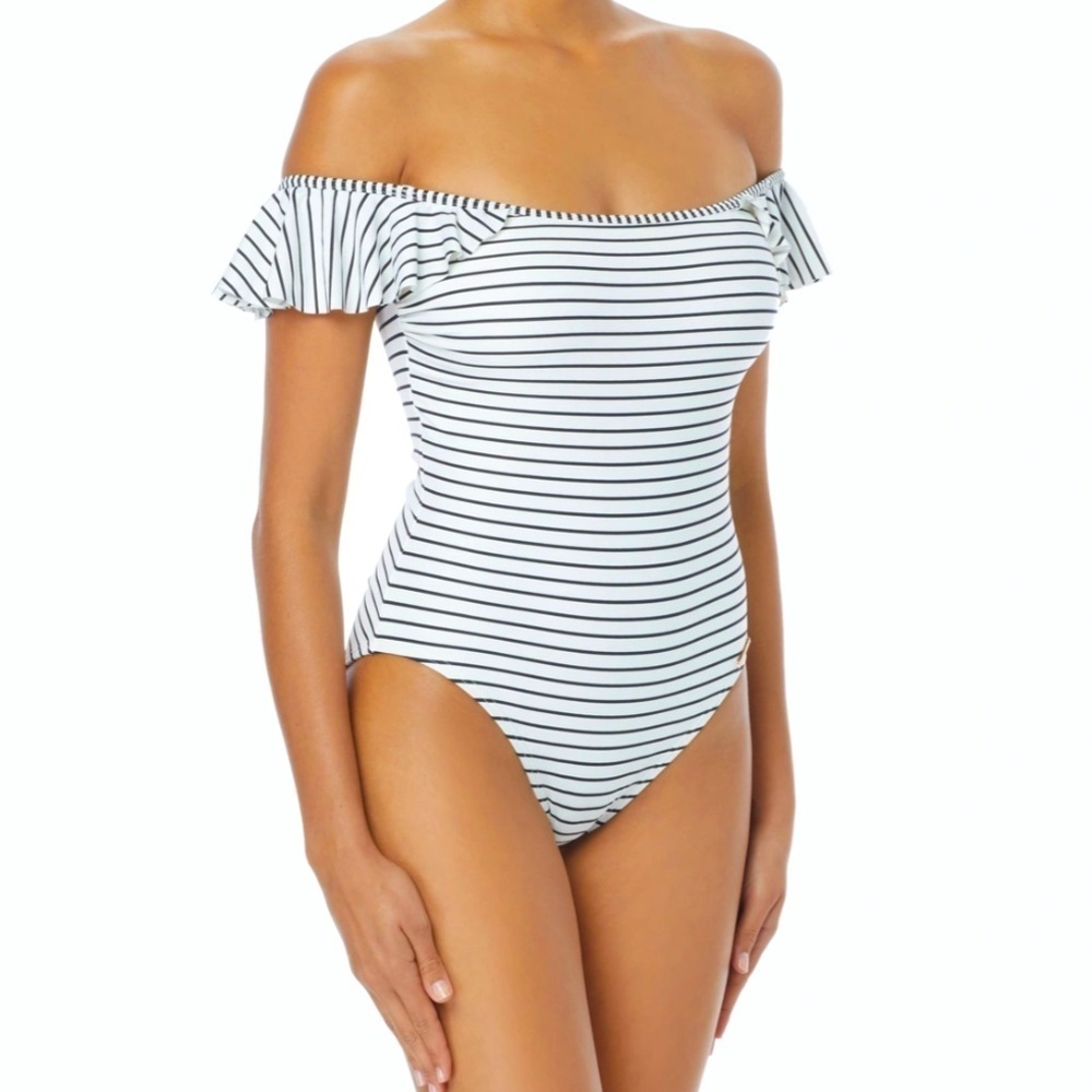 Vince Camino black and white striped off-shoulder one piece swimsuit